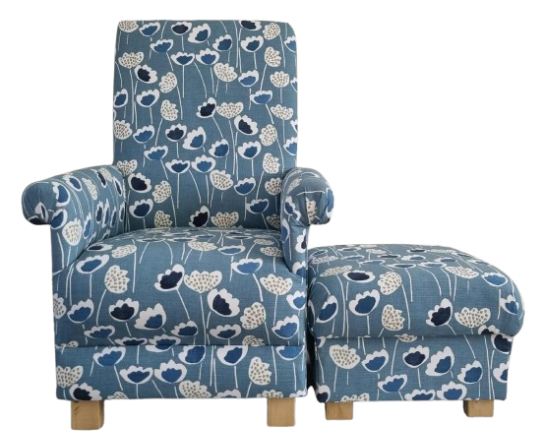Indigo Blue Floral Chair & Footstool Adult Armchair Pouffe  Accent Flowers Small