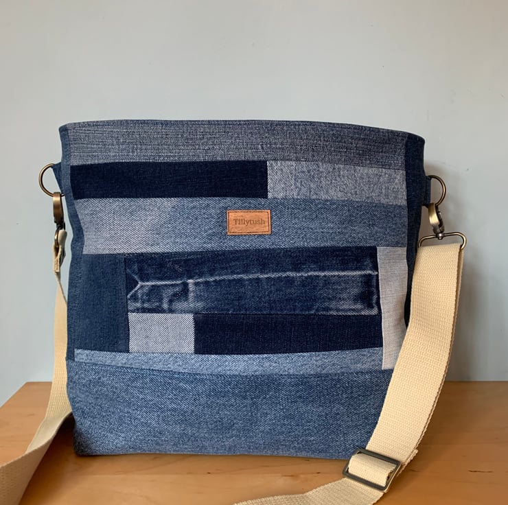 Recycled Denim Slouchy Bucket Crossbody Bag Folksy