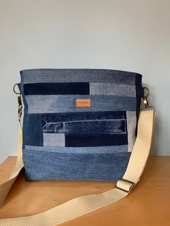 Recycled Denim Slouchy Bucket Crossbody Bag