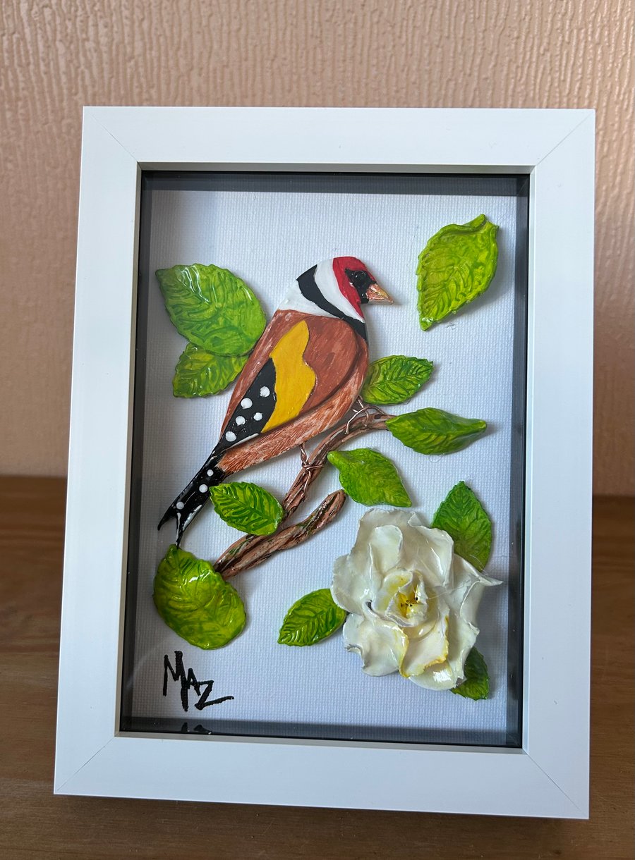Bird art clay picture of Goldfinch, wall hanging or shelf standing framed art