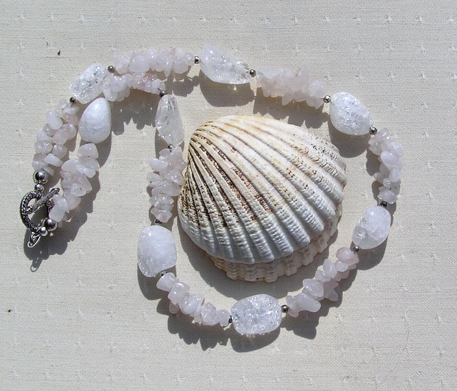 Pale Rose Quartz & Crackled Clear Quartz Crystal Gemstone Necklace "Rose Blush"