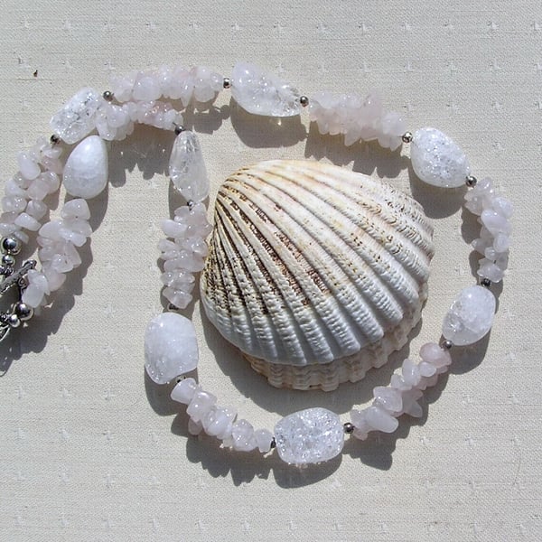 Pale Rose Quartz & Crackled Clear Quartz Crystal Gemstone Necklace "Rose Blush"