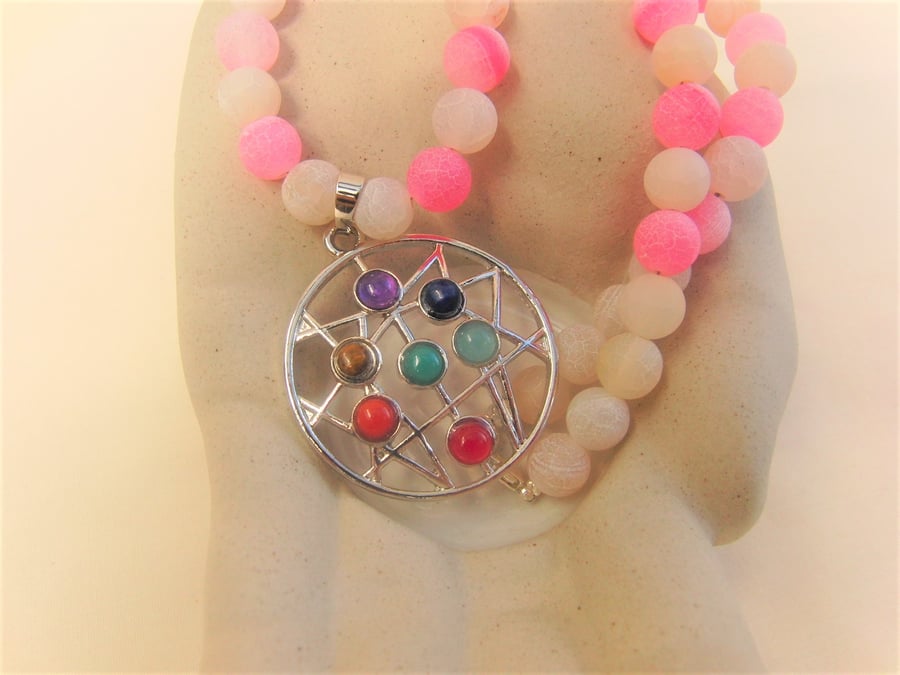 Chakra Pendant on a Pink & White Cracked Quartz Beaded Choker Necklace
