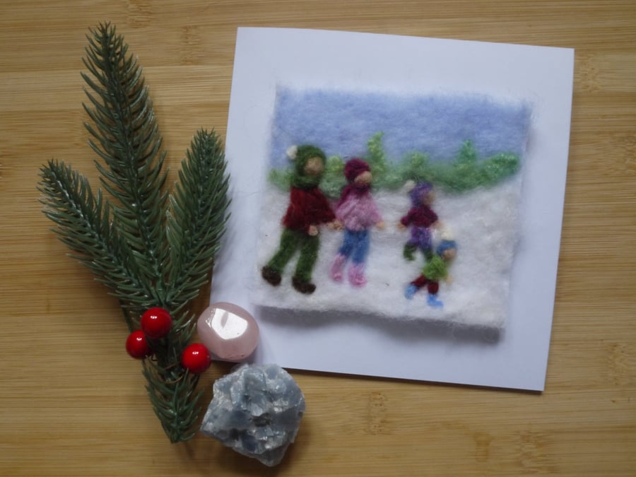 Needle felted Snow much fun greetings card