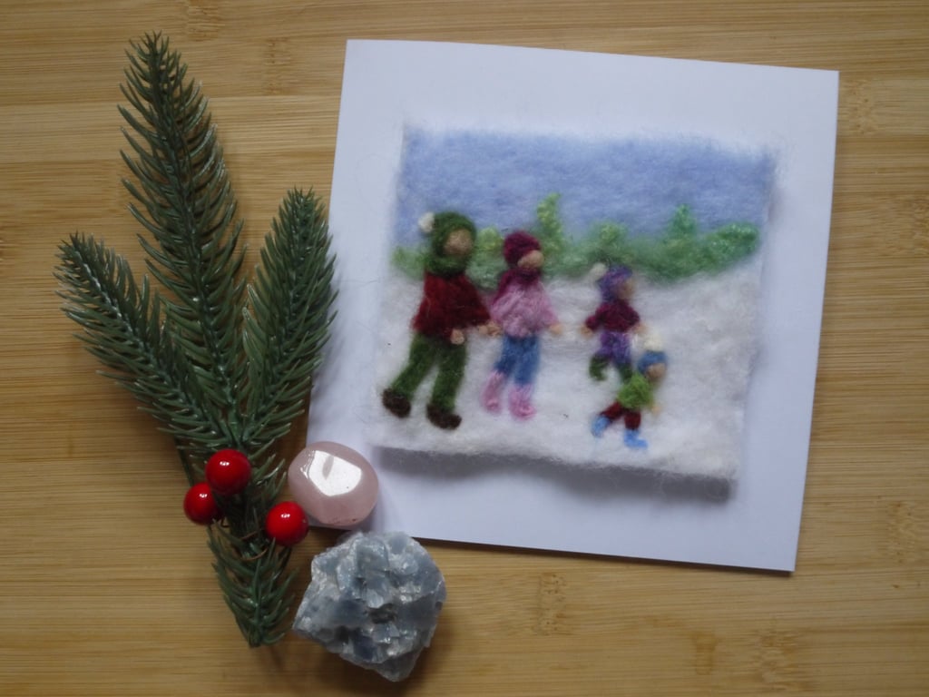 Needle felted Snow much fun greetings card