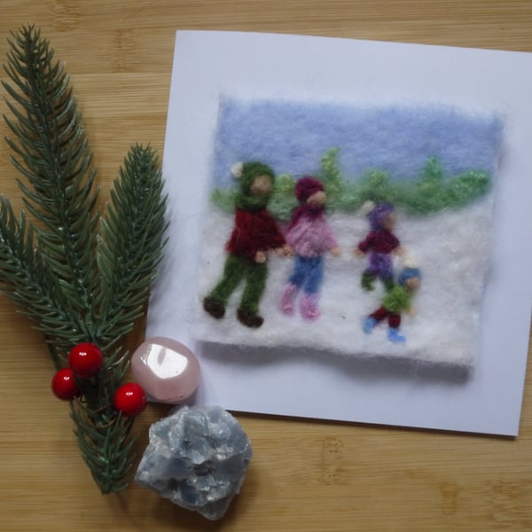 Needle felted Snow much fun greetings card