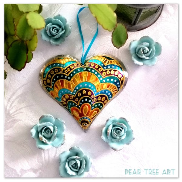  Tin Embossed Heart decoration. Turquoise, Orange and purple pattern. Handmade