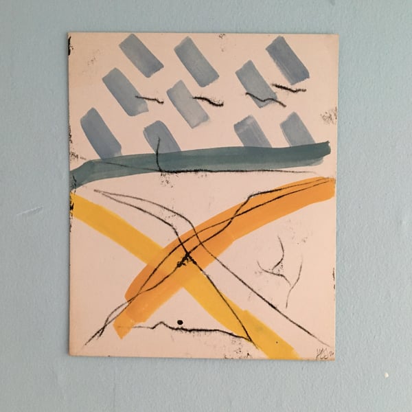 On Dartmoor by the River Avon 1 landscape monoprint with gouache on vintage card