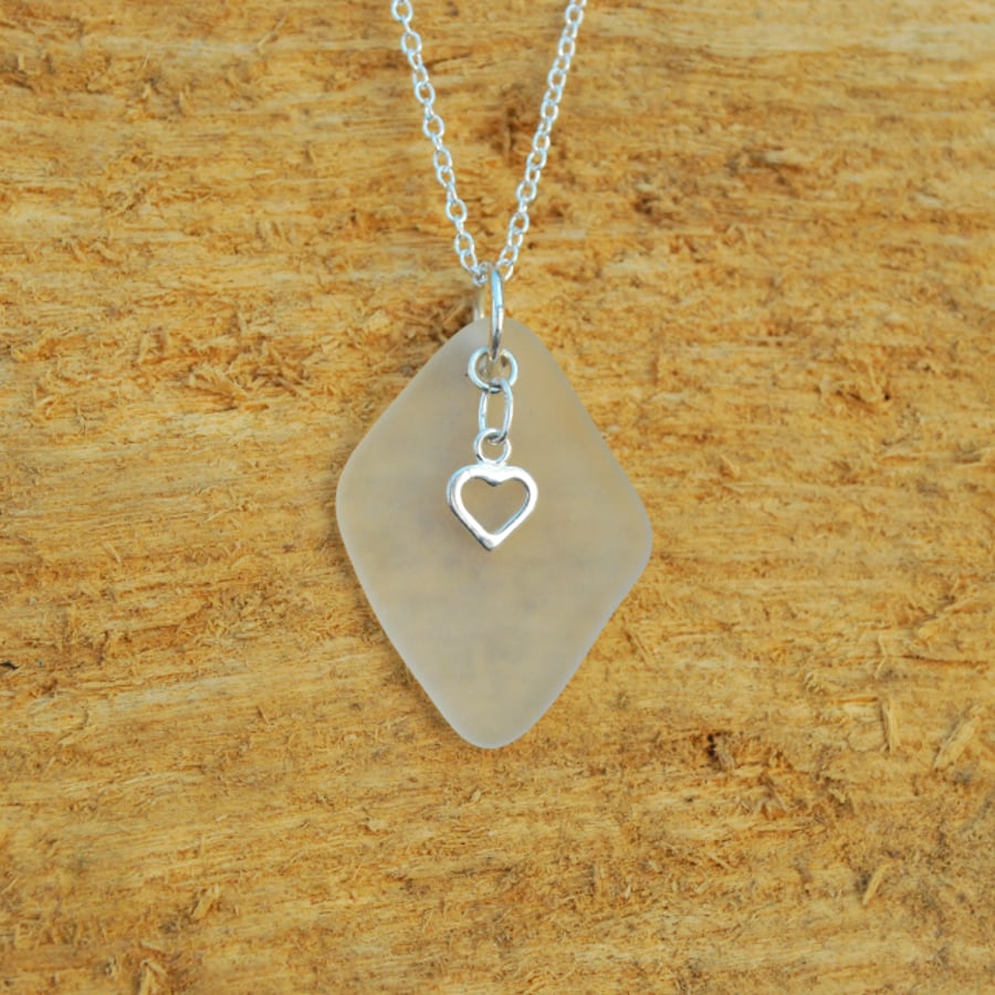 White beach glass pendant with sterling silver heart