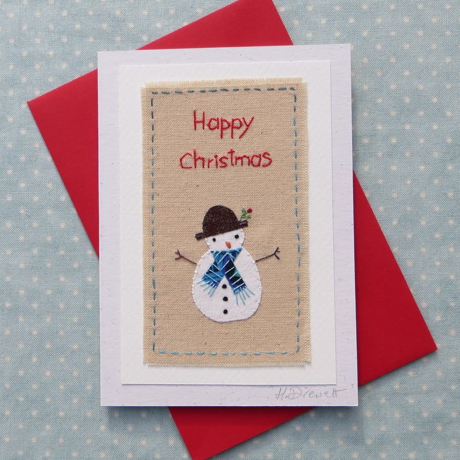 Sweet little snowman card with hand-stitched words and embroidered details
