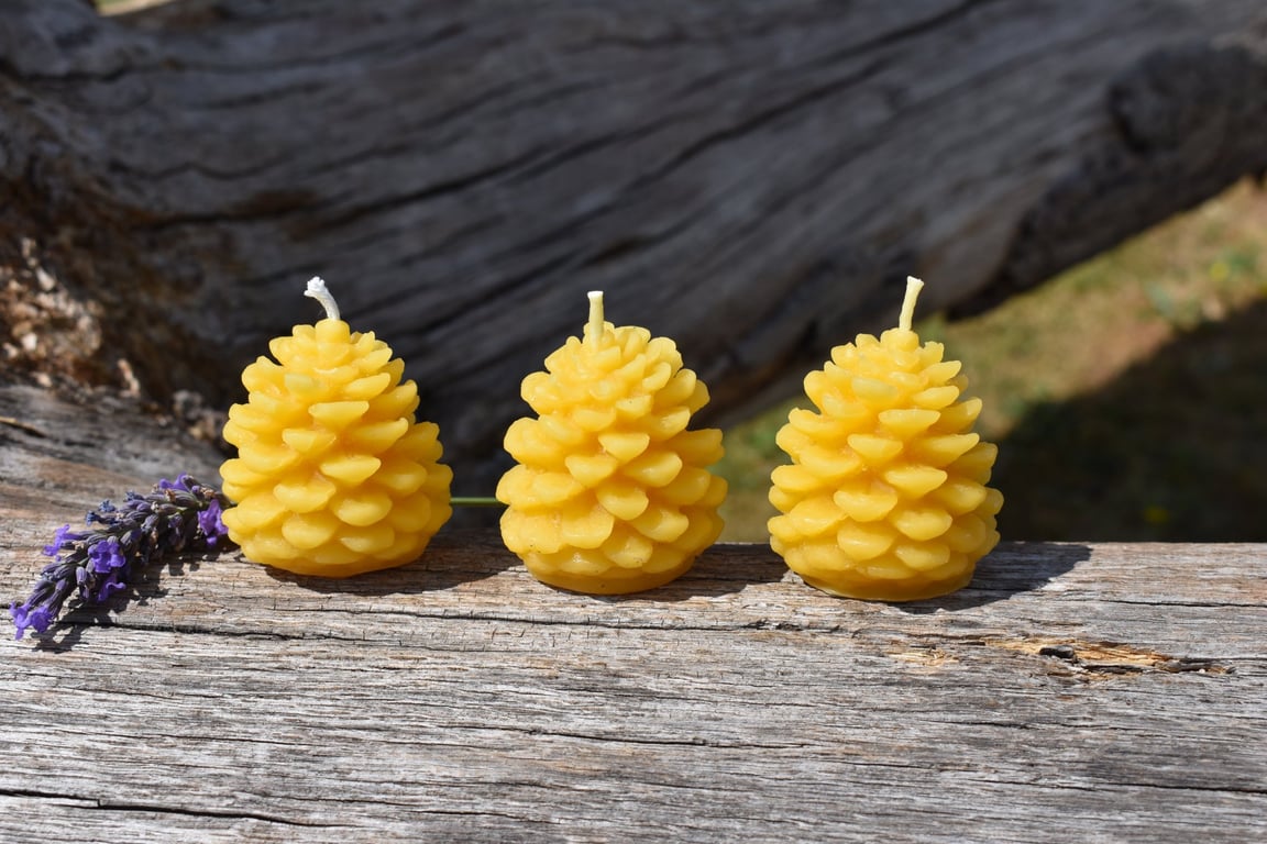 Set of 3, 5 or 10 Pure Beeswax Pine Cone Candles - Handmade in Cornwall