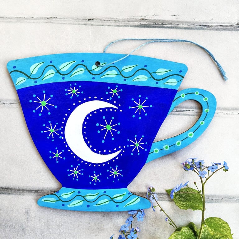 Hand painted wooden hanging cup decoration with moon and stars, wall art