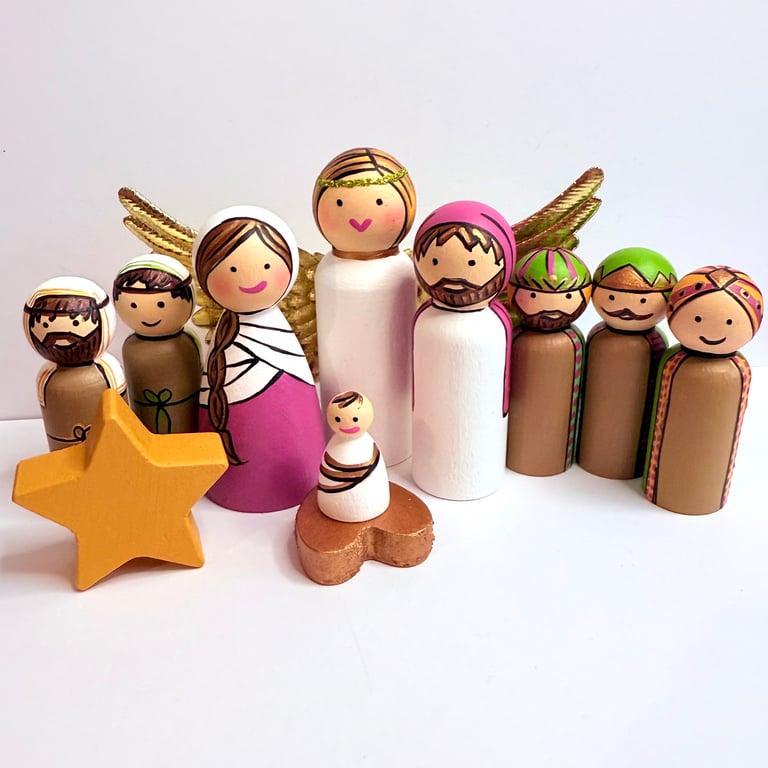 Colourful Pink scandi style Christmas Nativity Set with Shepherds and Kings.
