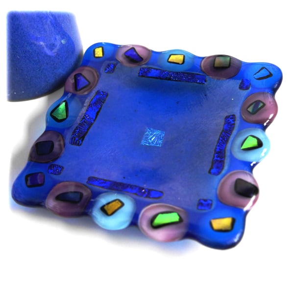 Fused Glass  Dish Blue Dichroic Nugget Border 11cm Square Trinket Handmade