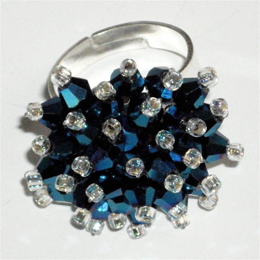 Metallic Blue Crystal Bead Ring