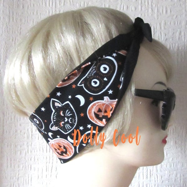 Halloween Hair Tie by Dolly Cool - Owl - Cat - Pumpkin Fabric with Moon and Star