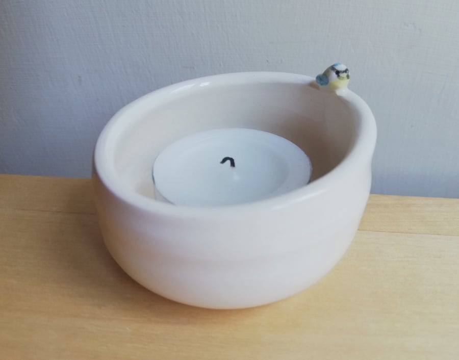 Ceramic handmade tealight with blue tit bird & birdprints candle holder gift 