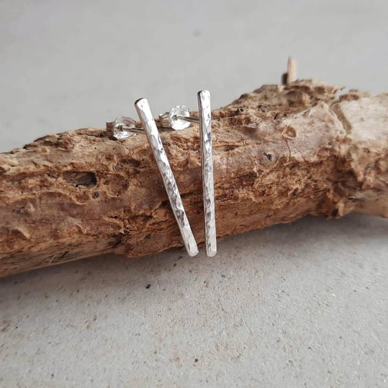 Hammered Sterling Silver Bar Stud Earrings - Recycled Silver