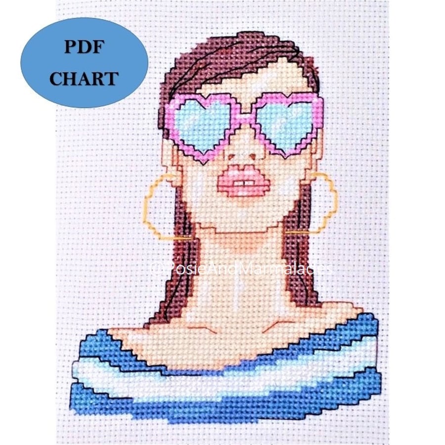 Image of Fashion illustration cross stitch woman in sunglasses PDF digital Download chart