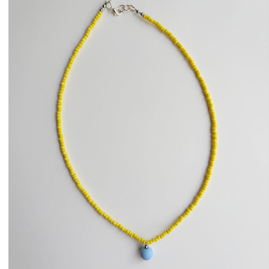 Summer Sunny Yellow Seed Bead Necklace With Light Blue Pastel Bead