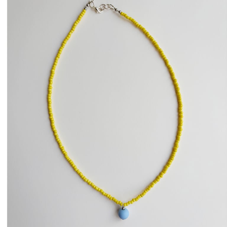 Summer Sunny Yellow Seed Bead Necklace With Light Blue Pastel Bead