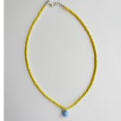 Summer Sunny Yellow Seed Bead Necklace With Light Blue Pastel Bead