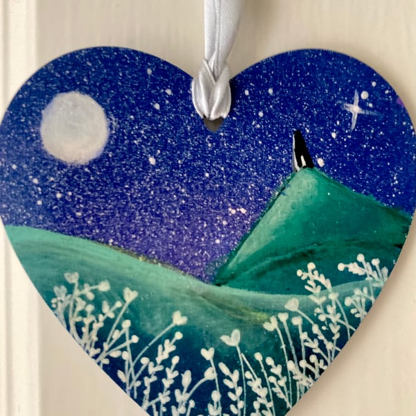 Glastonbury Tor By Moonlight Hand Painted Hanging Heart Decoration