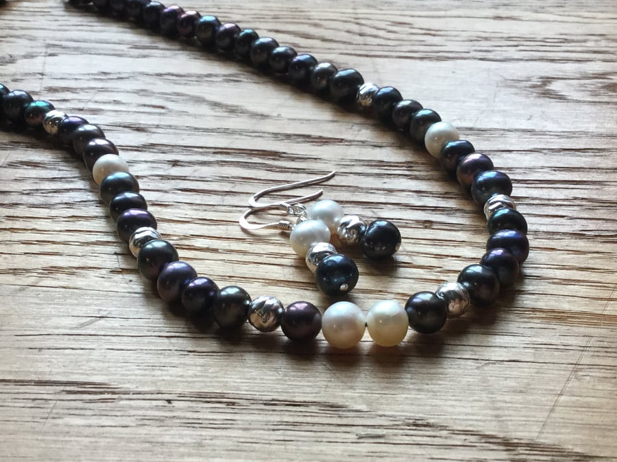 Incredible dark colour  freshwater pearl necklace and earrings - free UK postage