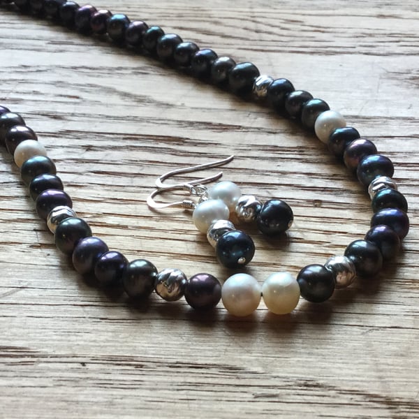 Incredible dark colour  freshwater pearl necklace and earrings - free UK postage