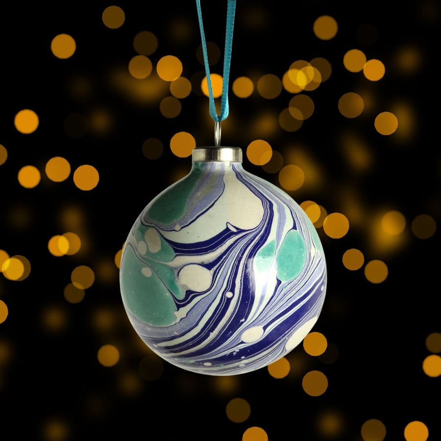Christmas bauble ornament hand marbled round ceramic second