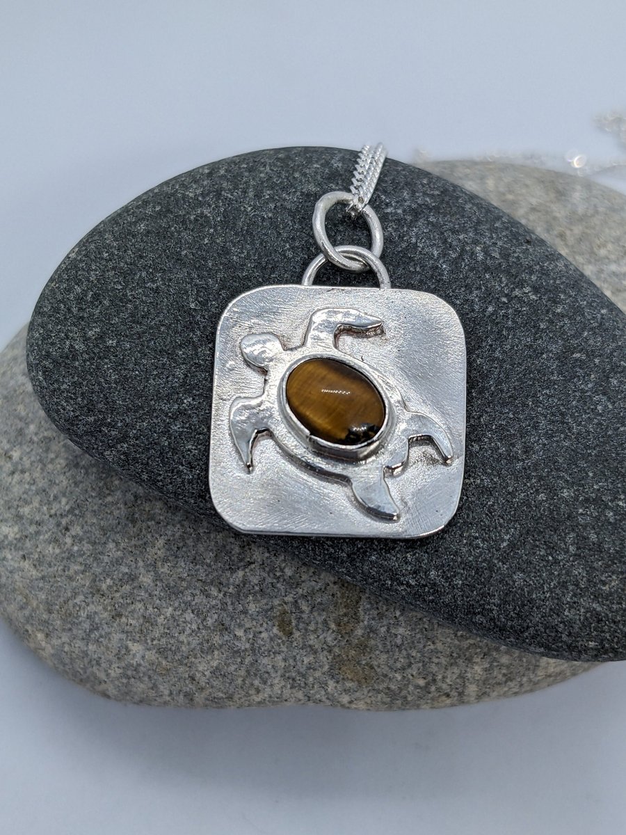 Silver turtle pendant, Square silver pendant with Tigers Eye stone, Sea themed s