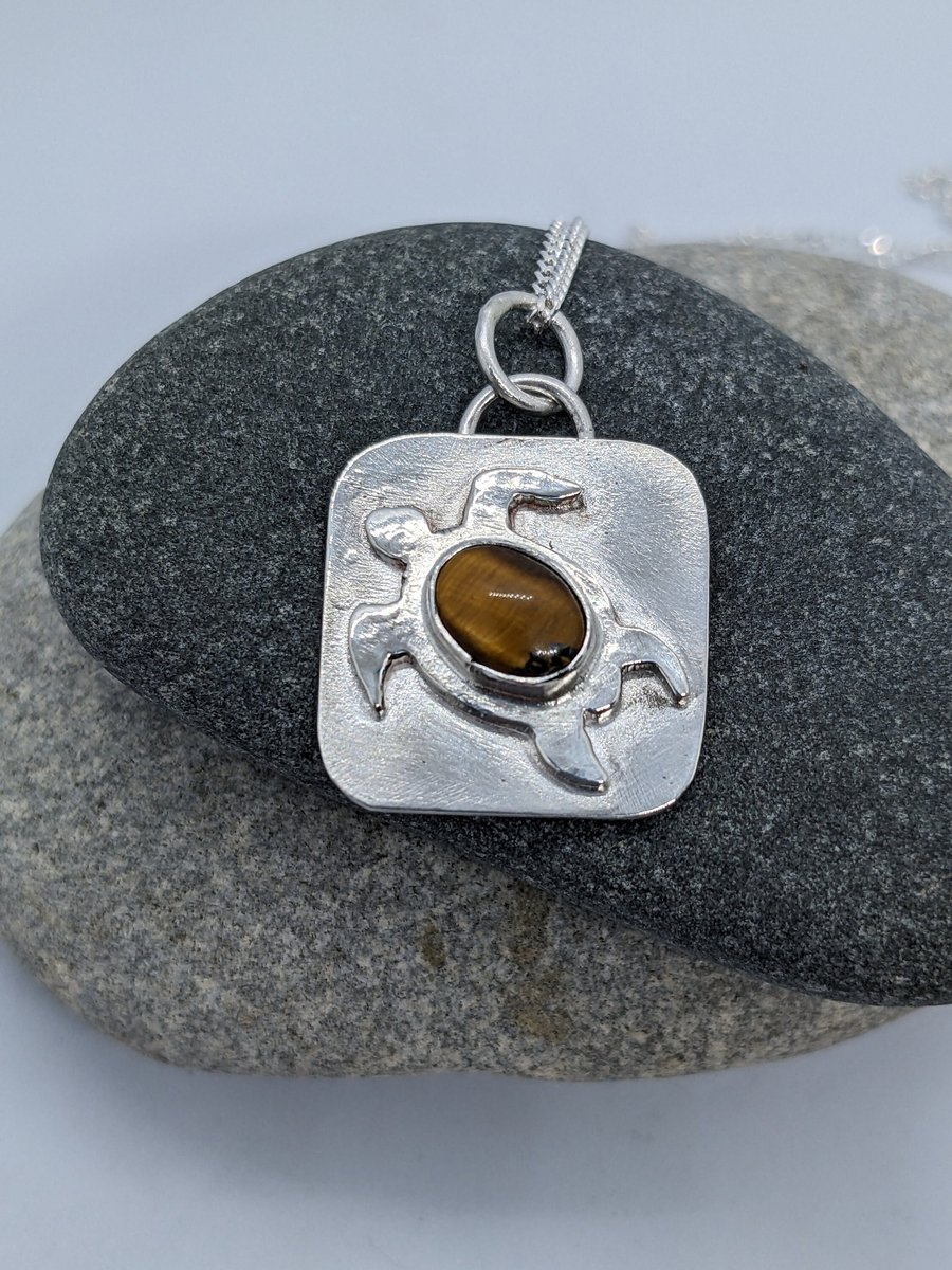 Silver turtle pendant, Silver pendant with Tigers Eye, Sea themed jewellery