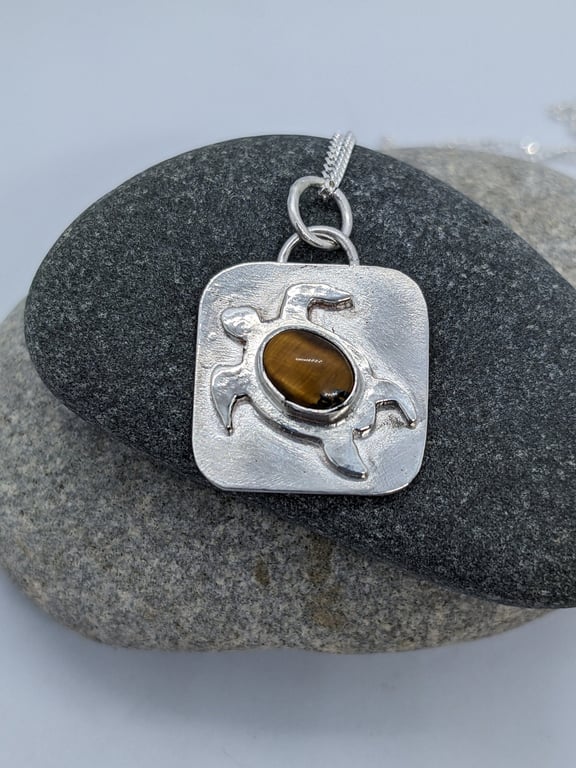 Silver turtle pendant, Silver pendant with Tigers Eye, Sea themed jewellery