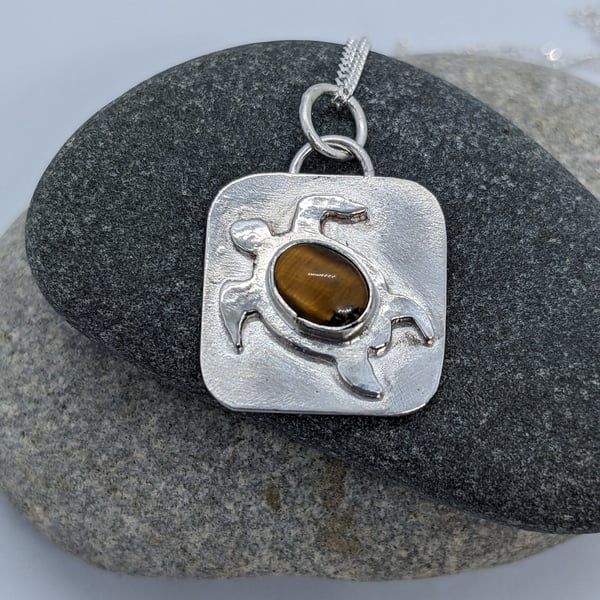 Silver turtle pendant, Square silver pendant with Tigers Eye stone, Sea themed s