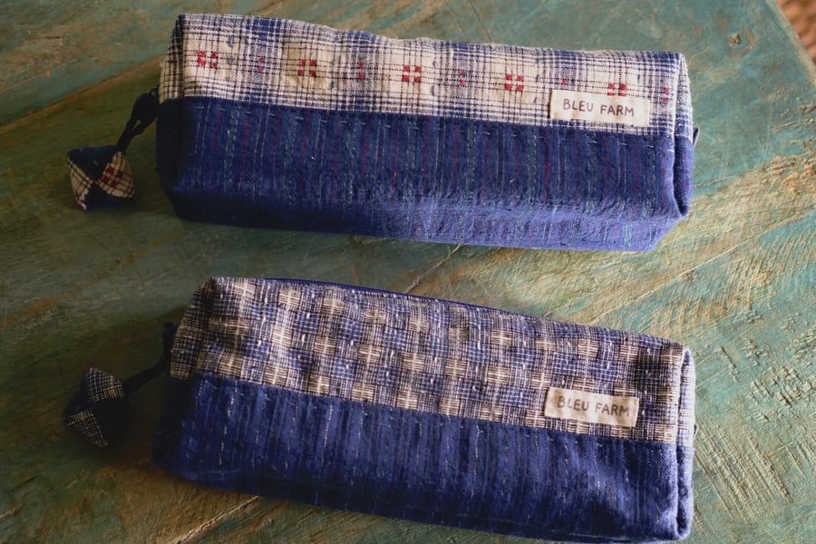 Fabric Boxy Pencil Pouch with Vintage Fabric Charm, Handmade Zipper Pouch