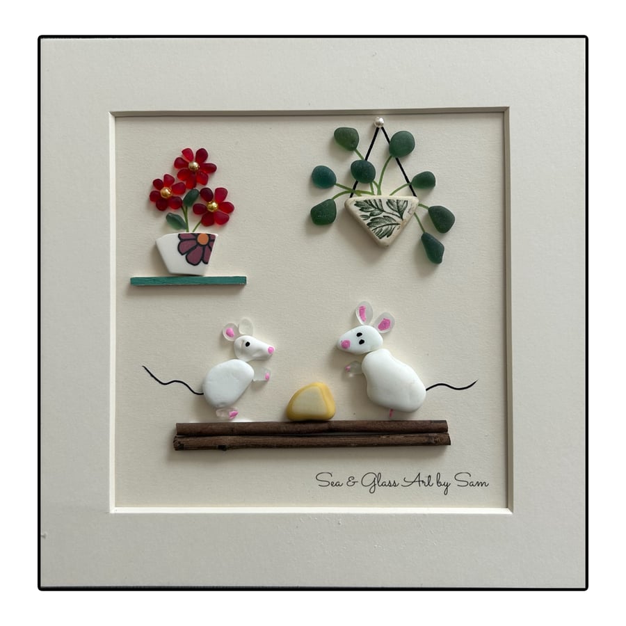 andmade Milk Glass Mice & Cheese Picture - Framed 8x8 Whimsical Coastal Art