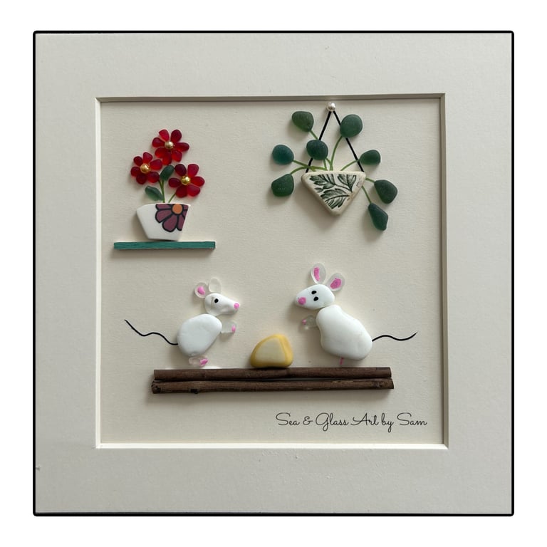andmade Milk Glass Mice & Cheese Picture - Framed 8x8 Whimsical Coastal Art