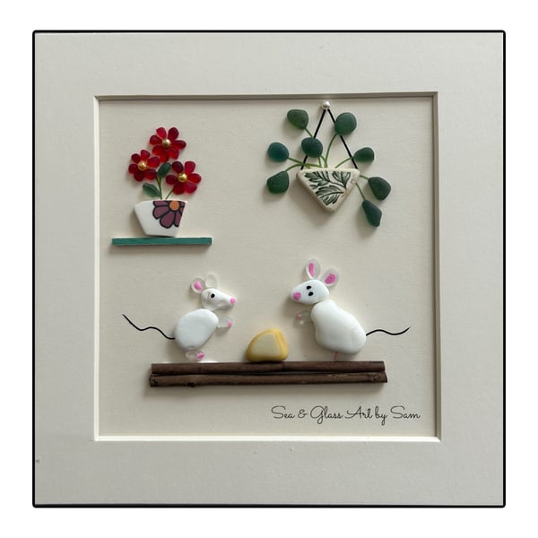 andmade Milk Glass Mice & Cheese Picture - Framed 8x8 Whimsical Coastal Art