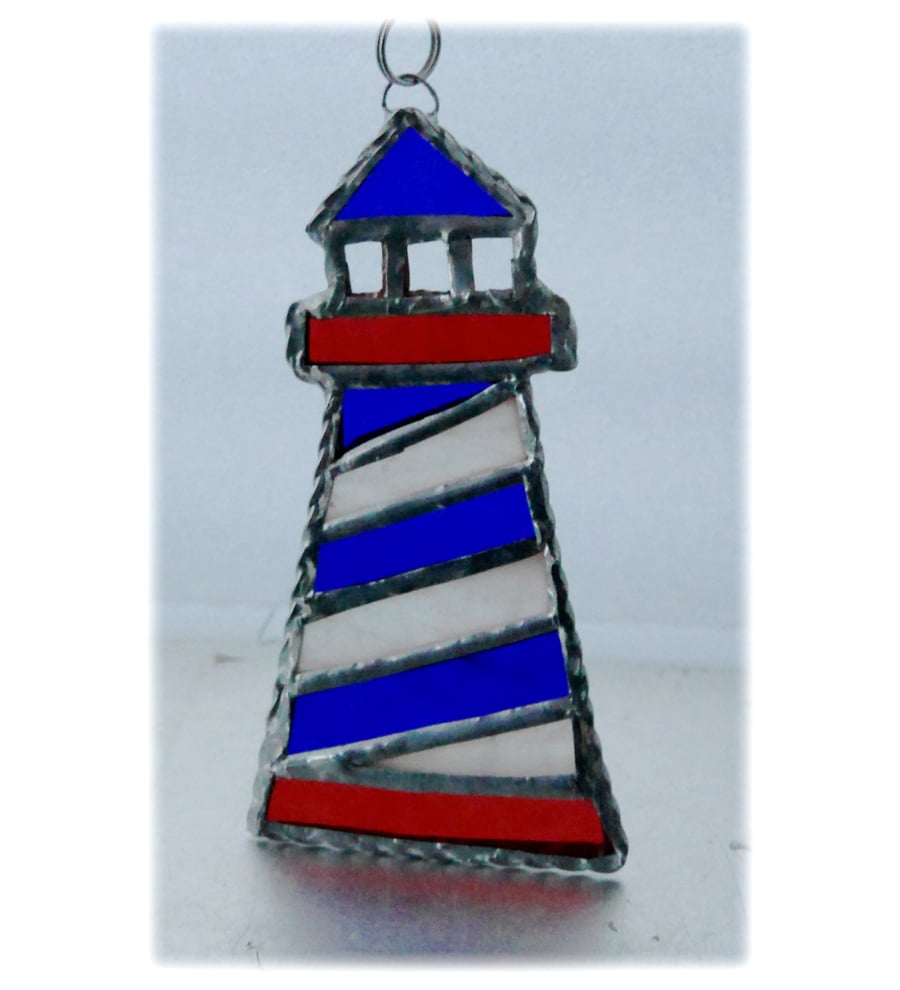 Lighthouse Suncatcher Stained Glass Handmade Blue 003