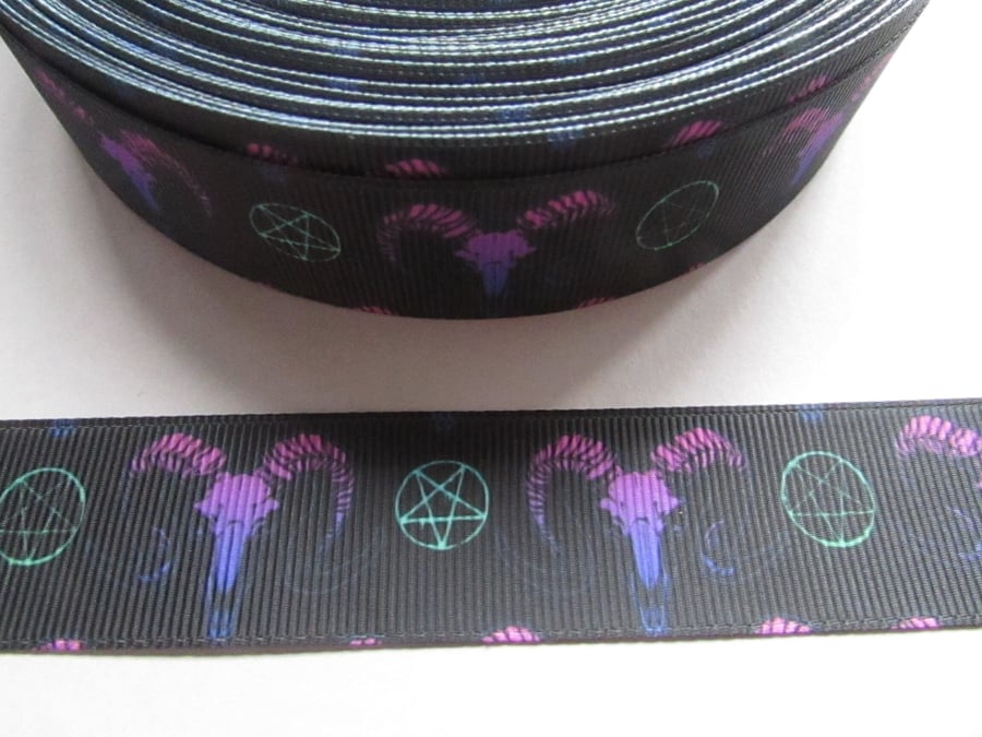 Ram Skull with Pentagram 2.5cm Grosgrain Ribbon x 1 metre