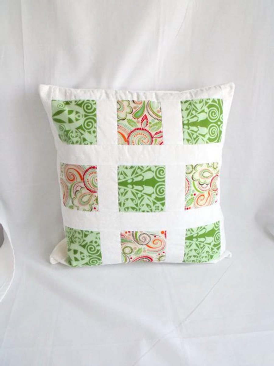 bright summery patchwork cushion cover, crisp clean green pillow slip
