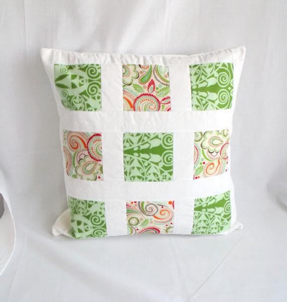 bright summery patchwork cushion cover, crisp clean green pillow slip