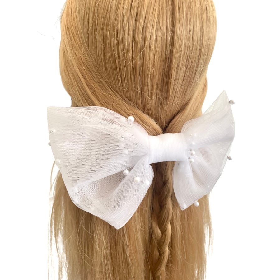 White Pearl Tulle Bridal Wedding Hair Bow Clip Oversized Alligator Bow Clip 