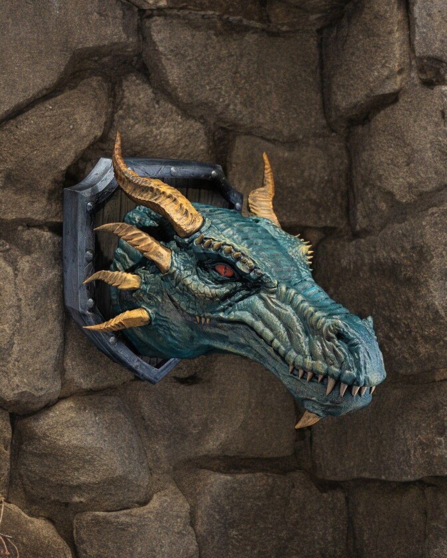 3D Printed Western Dragon Head Wall Mount: Emerald Green Fantasy Art