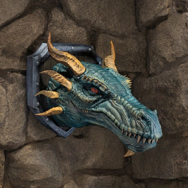 3D Printed Western Dragon Head Wall Mount: Emerald Green Fantasy Art