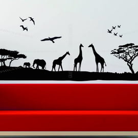 African Safari Animals Landscape Giraffe Elephant Decor Vinyl Wall Sticker Decal