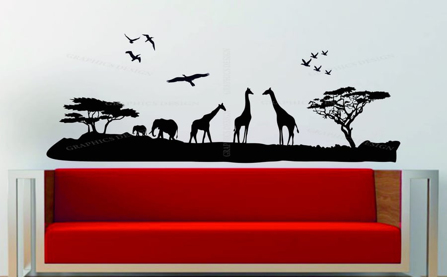 African Safari Animals Landscape Giraffe Elephant Decor Vinyl Wall Sticker Decal