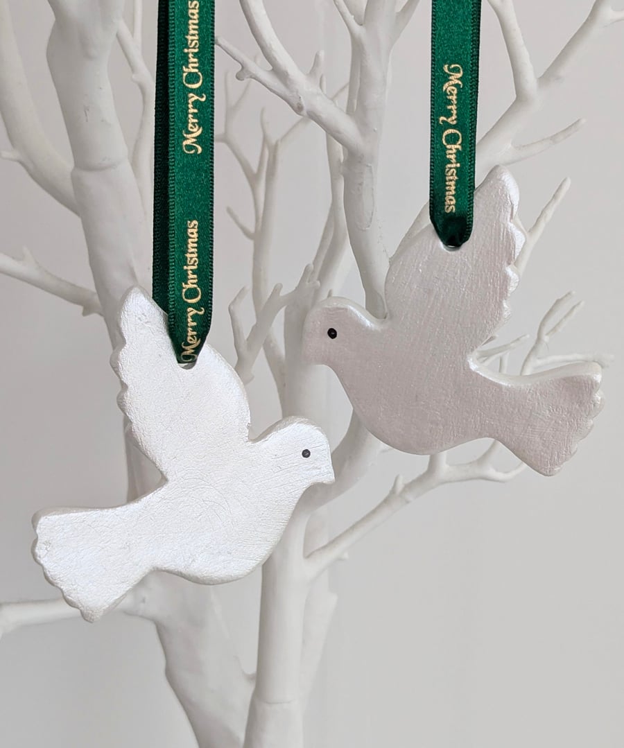 Pair of white doves, clay Christmas tree decorations, Christmas decor