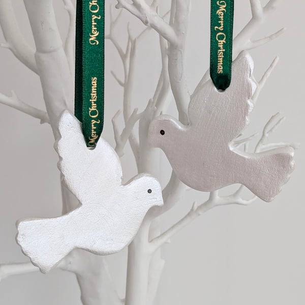Pair of white doves, clay Christmas tree decorations, Christmas decor