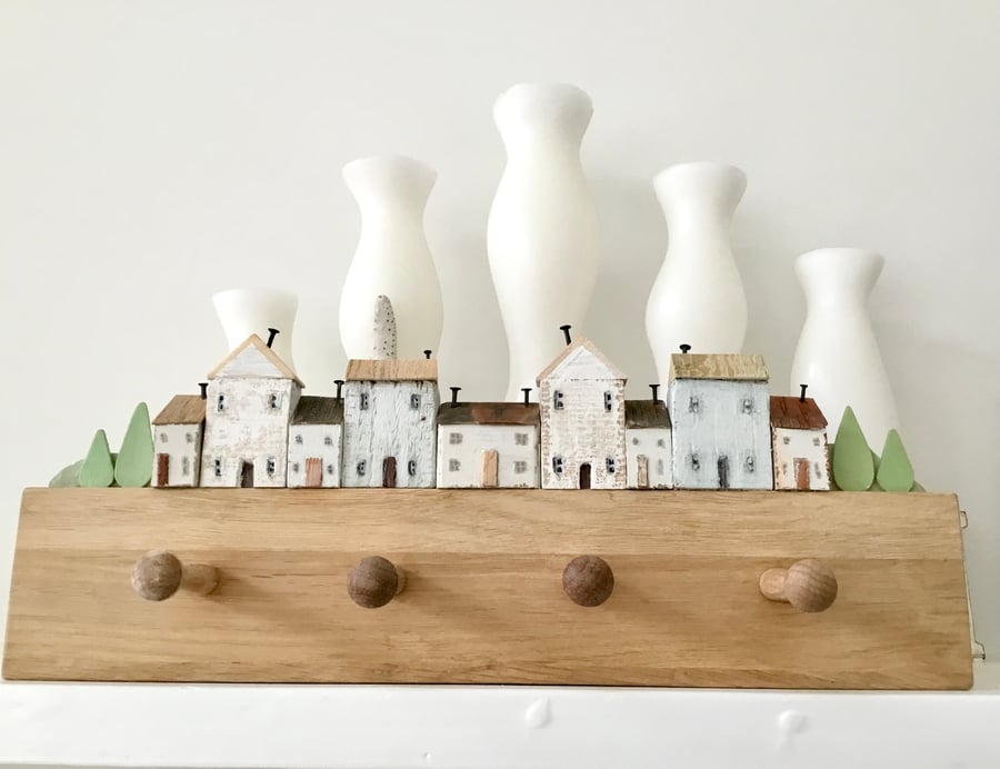Shaker style 4 Peg Rail with rustic wooden village scene
